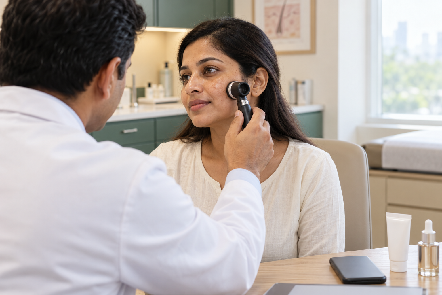 Dermatologist examining a patient's skin with a dermatoscope at Varsity Skin & Wellness Clinic